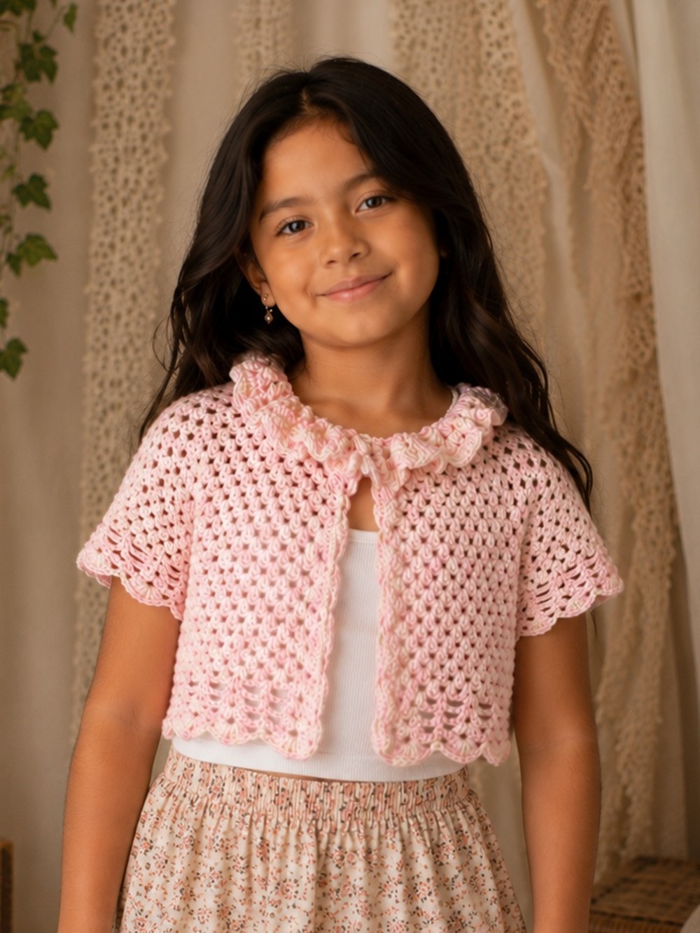 Handmade knitted/crocheted ruffle neck cottage style shrug